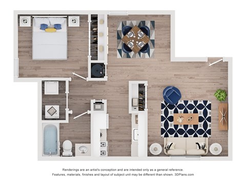 A floor plan of a small apartment with a kitchen, living room, and bathroom.